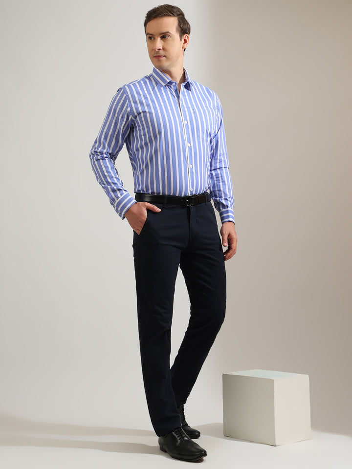 Hancock   Men   Blue & White   Stripes   Pure Cotton   Slim Fit   Formal   Shirt