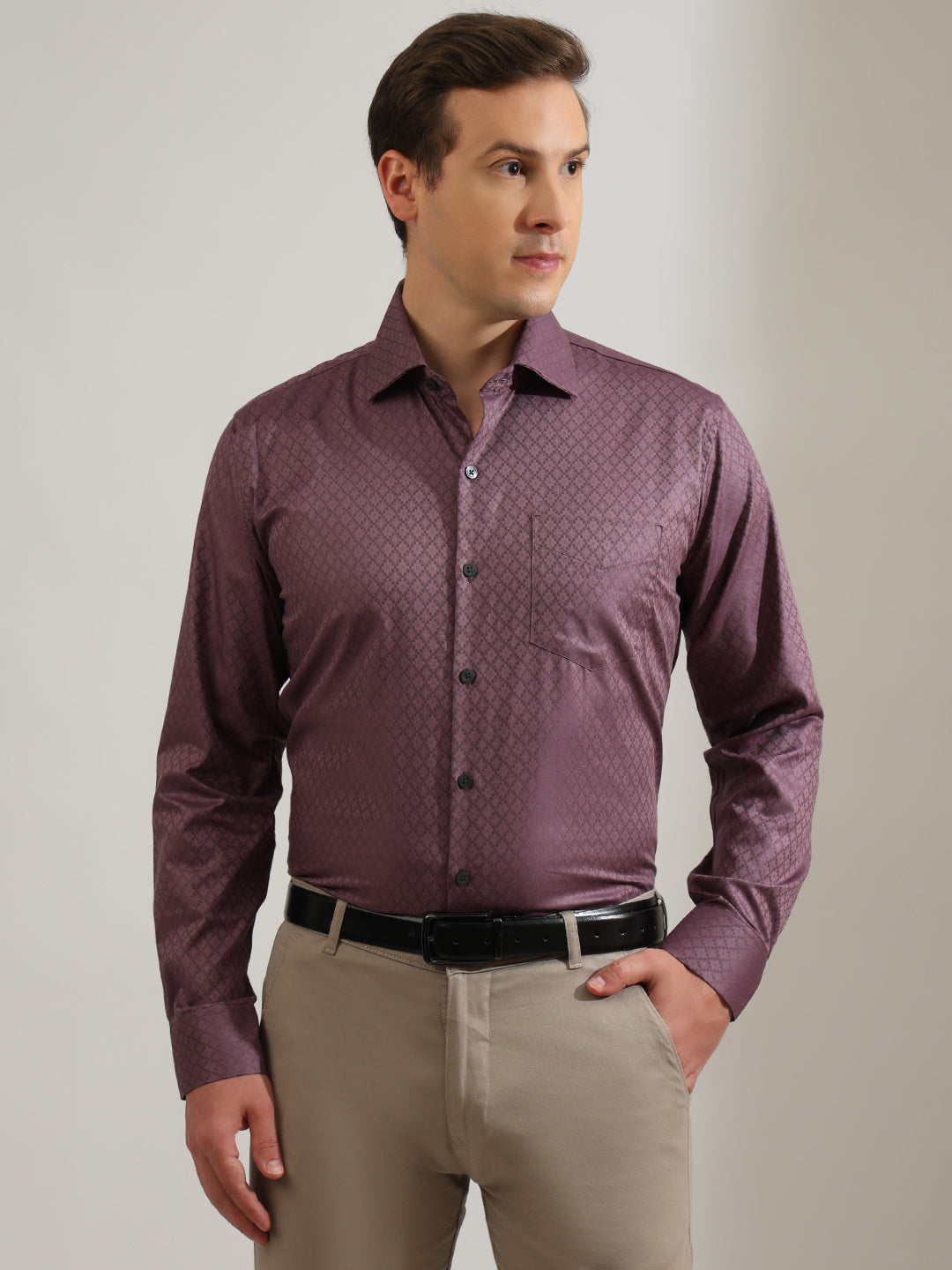 Hancock   Men   Dusty Mauve   Solid Self Design   Pure Cotton   Slim Fit   Formal   Shirt
