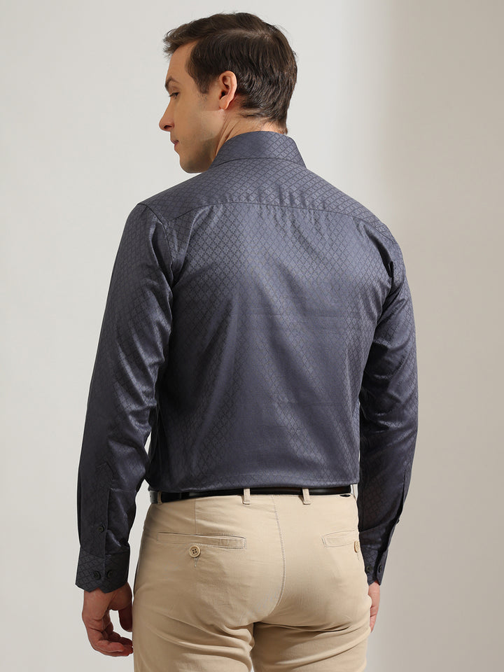 Hancock   Men   Slate Grey   Solid Self Design   Pure Cotton   Slim Fit   Formal   Shirt