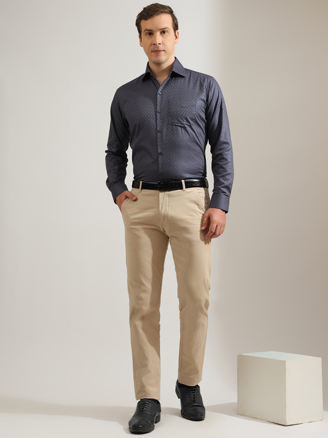 Hancock   Men   Slate Grey   Solid Self Design   Pure Cotton   Slim Fit   Formal   Shirt