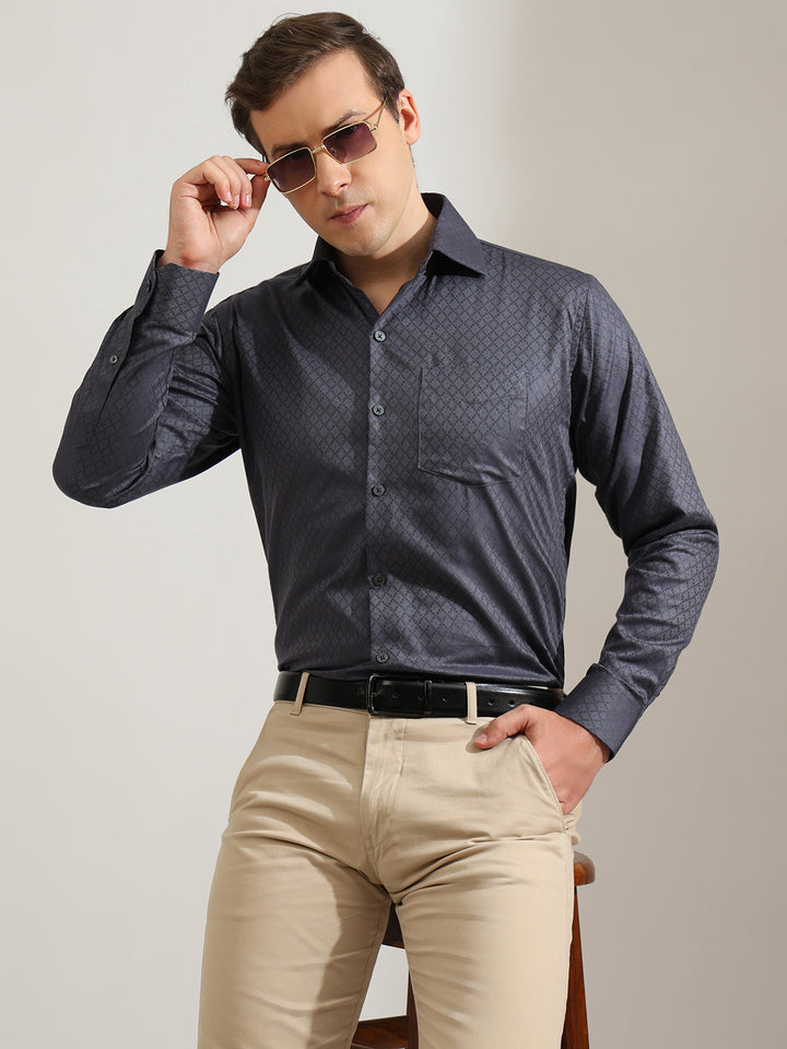 Hancock   Men   Slate Grey   Solid Self Design   Pure Cotton   Slim Fit   Formal   Shirt