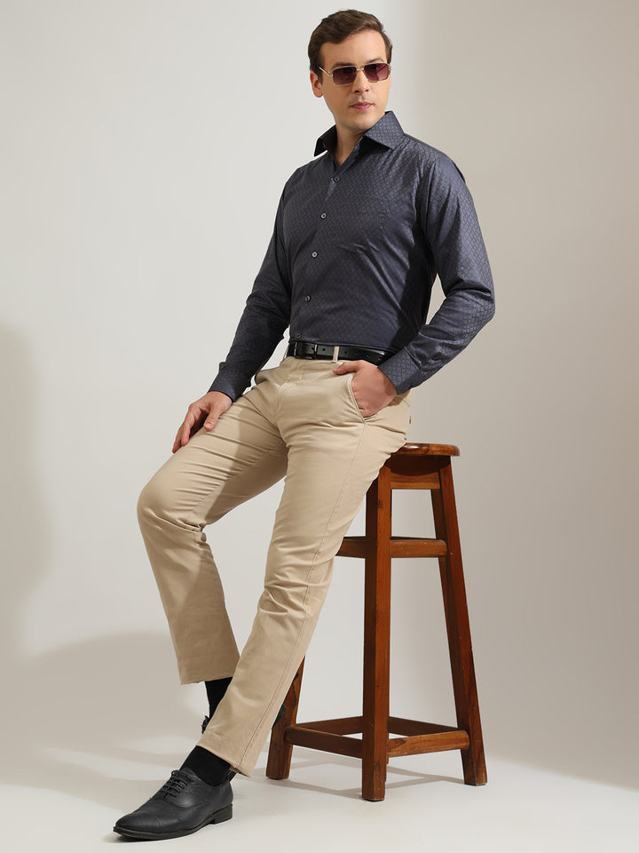 Hancock   Men   Slate Grey   Solid Self Design   Pure Cotton   Slim Fit   Formal   Shirt