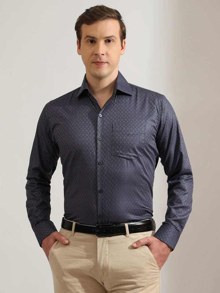 Hancock   Men   Slate Grey   Solid Self Design   Pure Cotton   Slim Fit   Formal   Shirt