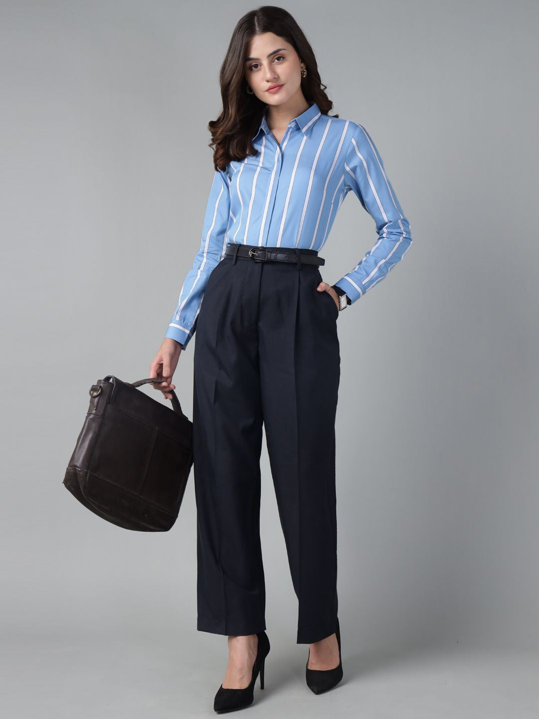 Hancock Women Blue & White Stripe Pure Cotton Regular Fit Formal Shirt