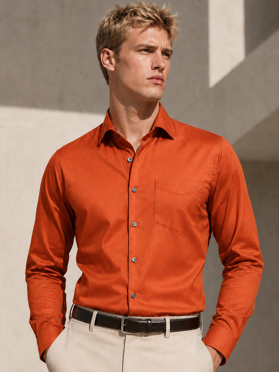 Hancock   Men   Rust   Solids   Pure Cotton   Slim Fit   Party   Shirt