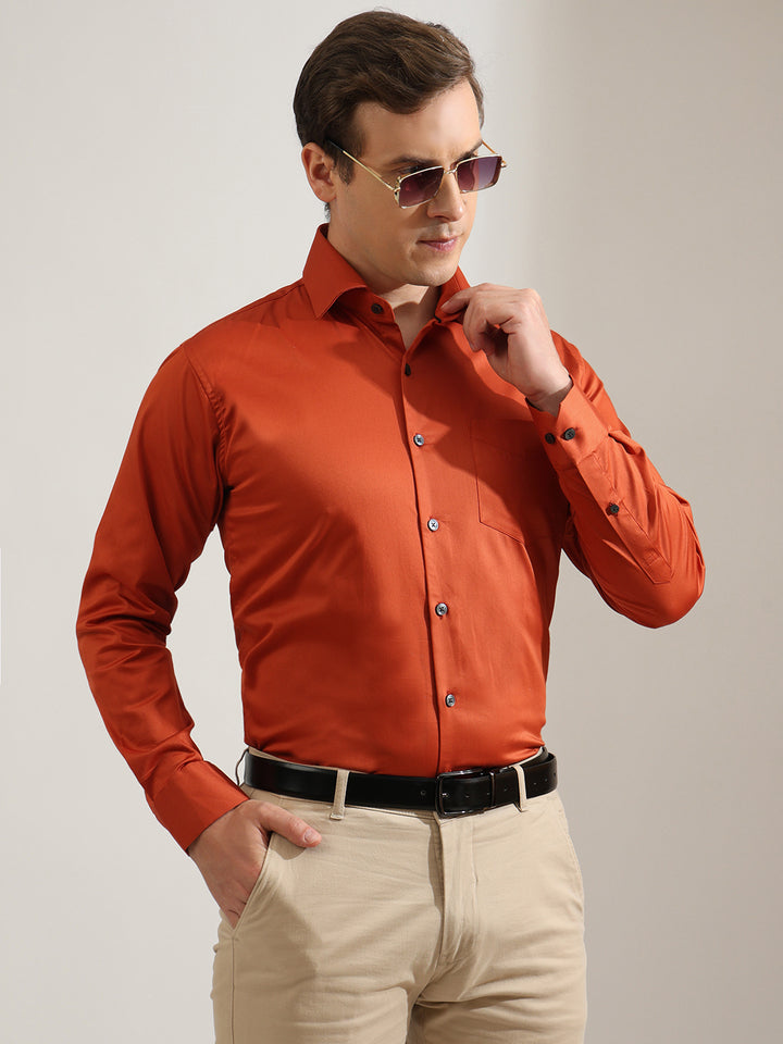 Hancock   Men   Rust   Solids   Pure Cotton   Slim Fit   Party   Shirt
