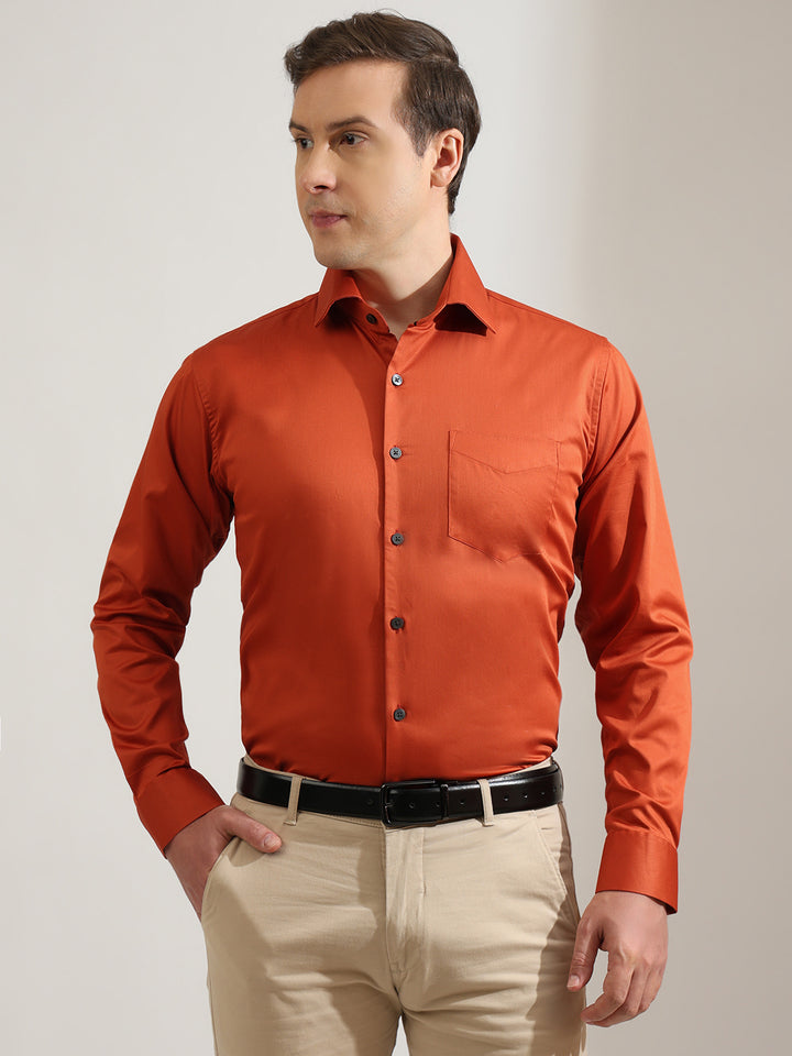 Hancock   Men   Rust   Solids   Pure Cotton   Slim Fit   Party   Shirt