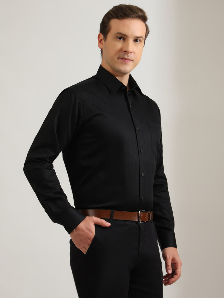 Hancock   Men   Black   Stripes   Pure Cotton   Slim Fit   Formal   Shirt