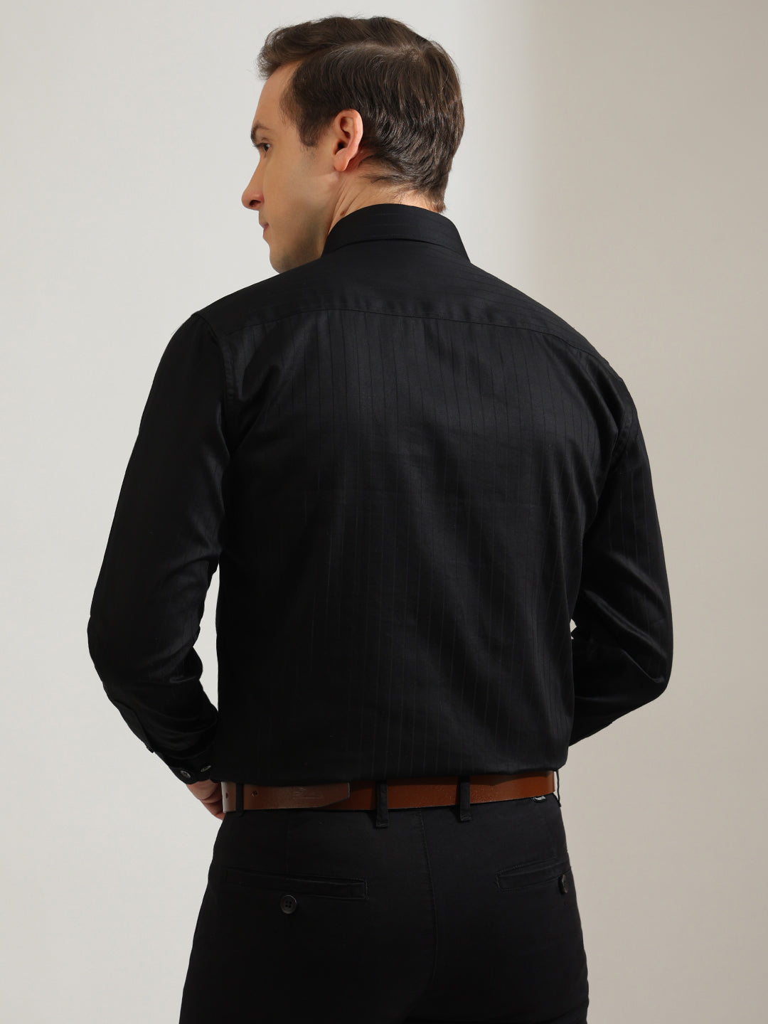 Hancock   Men   Black   Stripes   Pure Cotton   Slim Fit   Formal   Shirt
