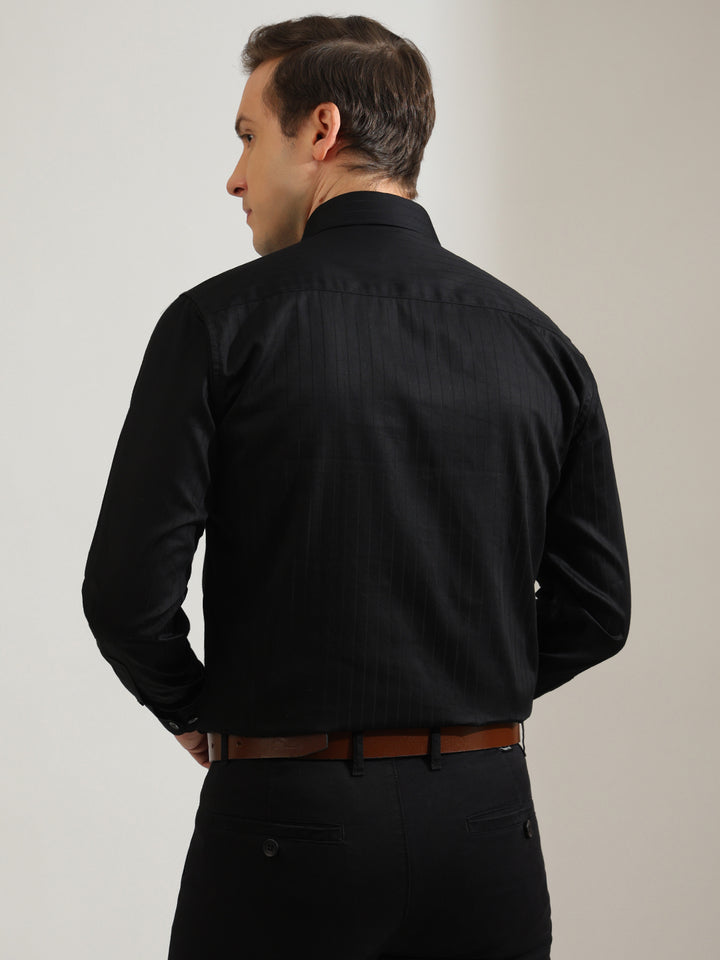 Hancock   Men   Black   Stripes   Pure Cotton   Slim Fit   Formal   Shirt