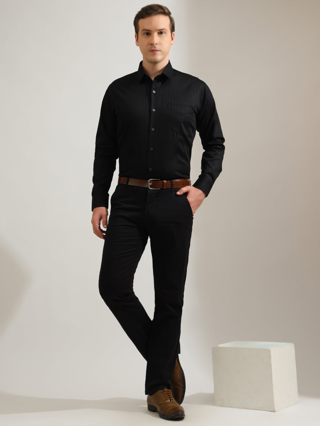 Hancock   Men   Black   Stripes   Pure Cotton   Slim Fit   Formal   Shirt