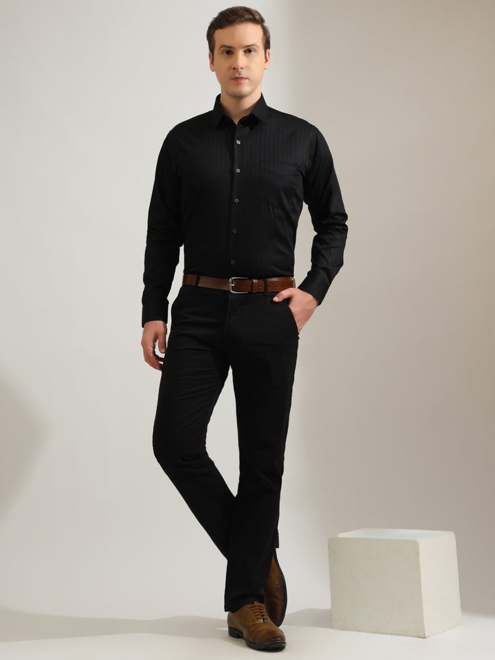 Hancock   Men   Black   Stripes   Pure Cotton   Slim Fit   Formal   Shirt