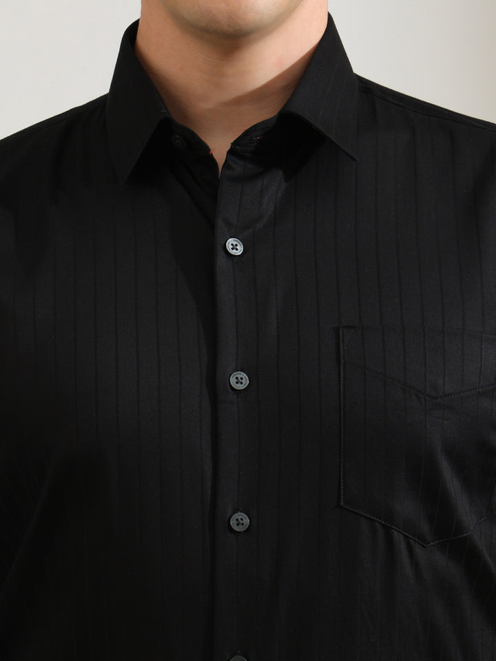 Hancock   Men   Black   Stripes   Pure Cotton   Slim Fit   Formal   Shirt