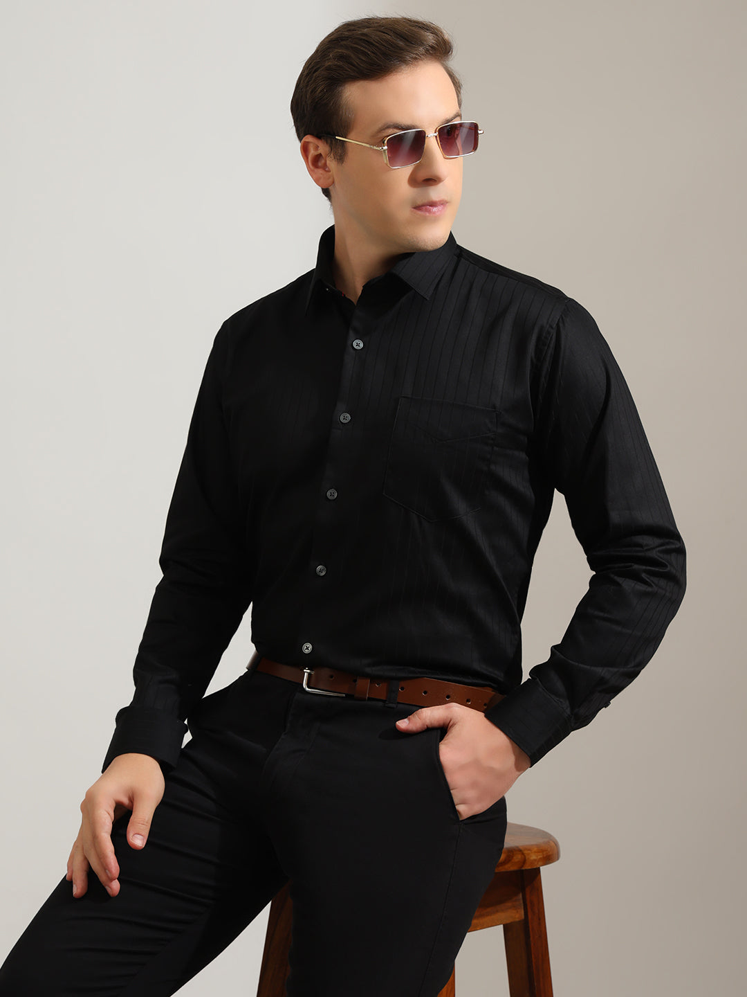 Hancock   Men   Black   Stripes   Pure Cotton   Slim Fit   Formal   Shirt