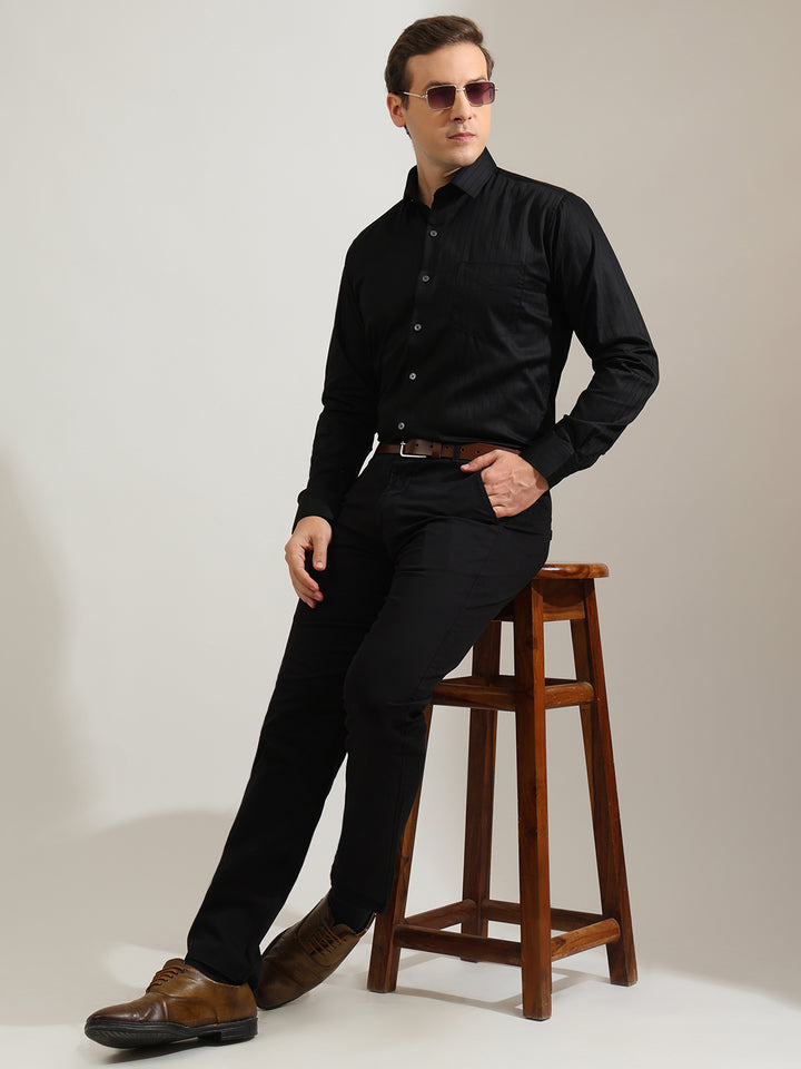 Hancock   Men   Black   Stripes   Pure Cotton   Slim Fit   Formal   Shirt