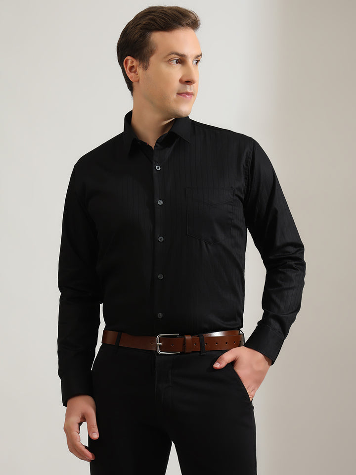 Hancock   Men   Black   Stripes   Pure Cotton   Slim Fit   Formal   Shirt