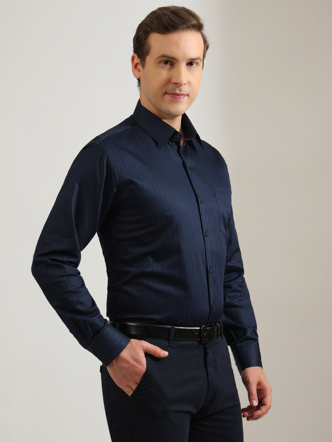 Hancock   Men   Navy Blue   Stripes   Pure Cotton   Slim Fit   Formal   Shirt