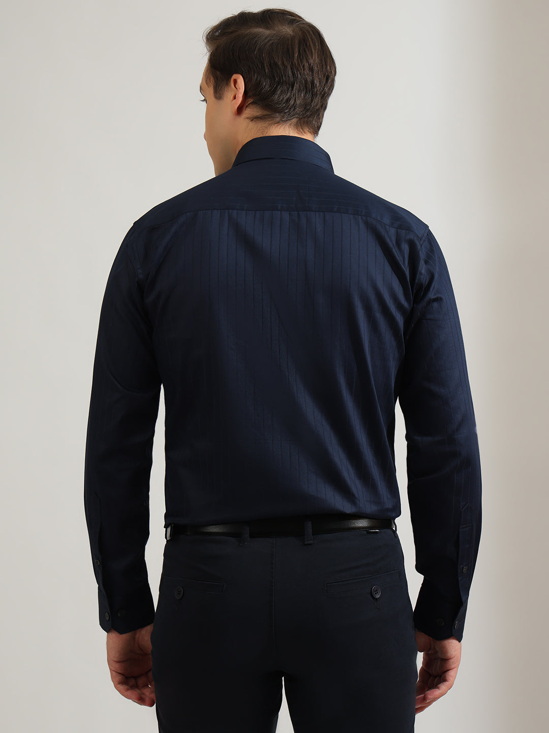 Hancock   Men   Navy Blue   Stripes   Pure Cotton   Slim Fit   Formal   Shirt