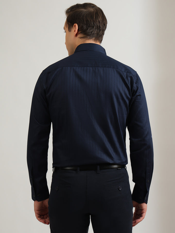 Hancock   Men   Navy Blue   Stripes   Pure Cotton   Slim Fit   Formal   Shirt
