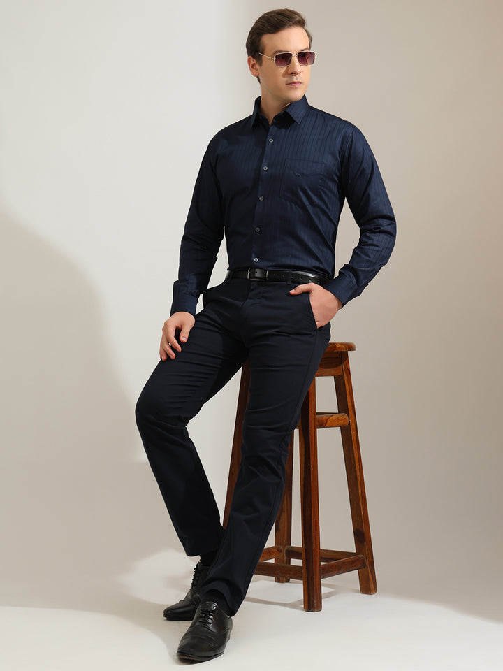 Hancock   Men   Navy Blue   Stripes   Pure Cotton   Slim Fit   Formal   Shirt