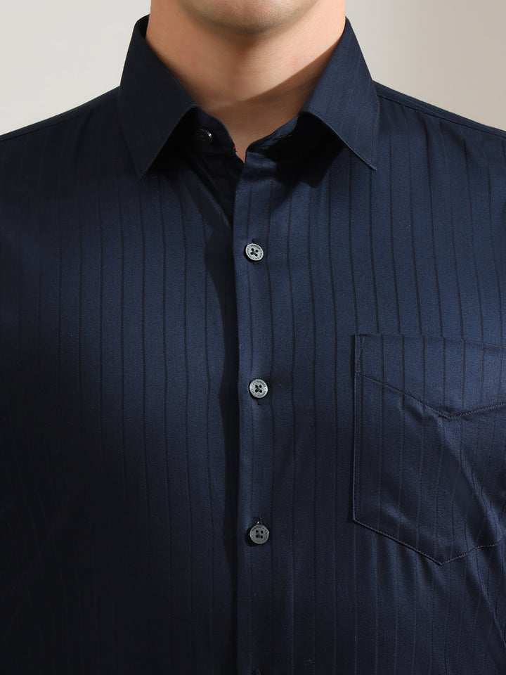 Hancock   Men   Navy Blue   Stripes   Pure Cotton   Slim Fit   Formal   Shirt