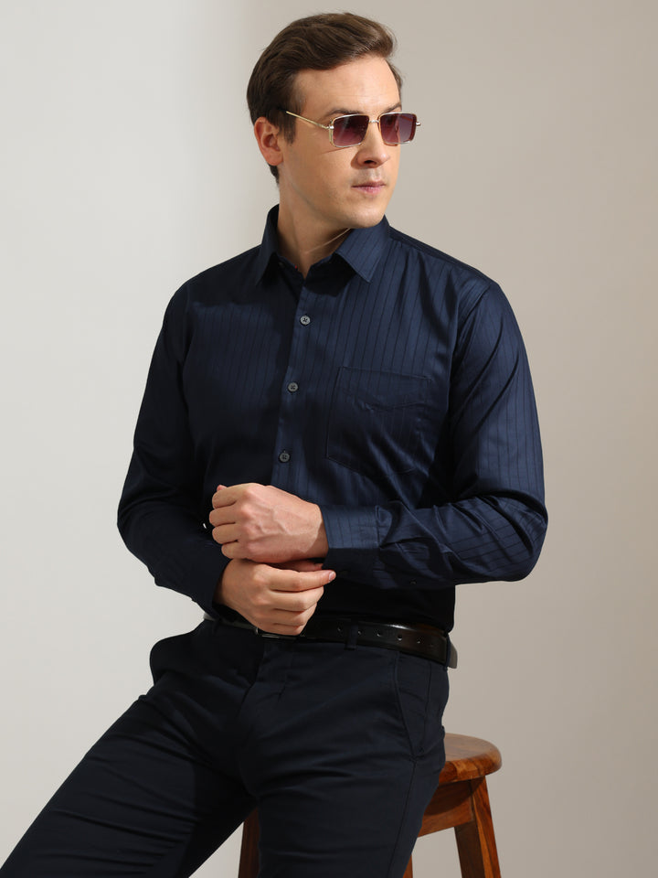 Hancock   Men   Navy Blue   Stripes   Pure Cotton   Slim Fit   Formal   Shirt