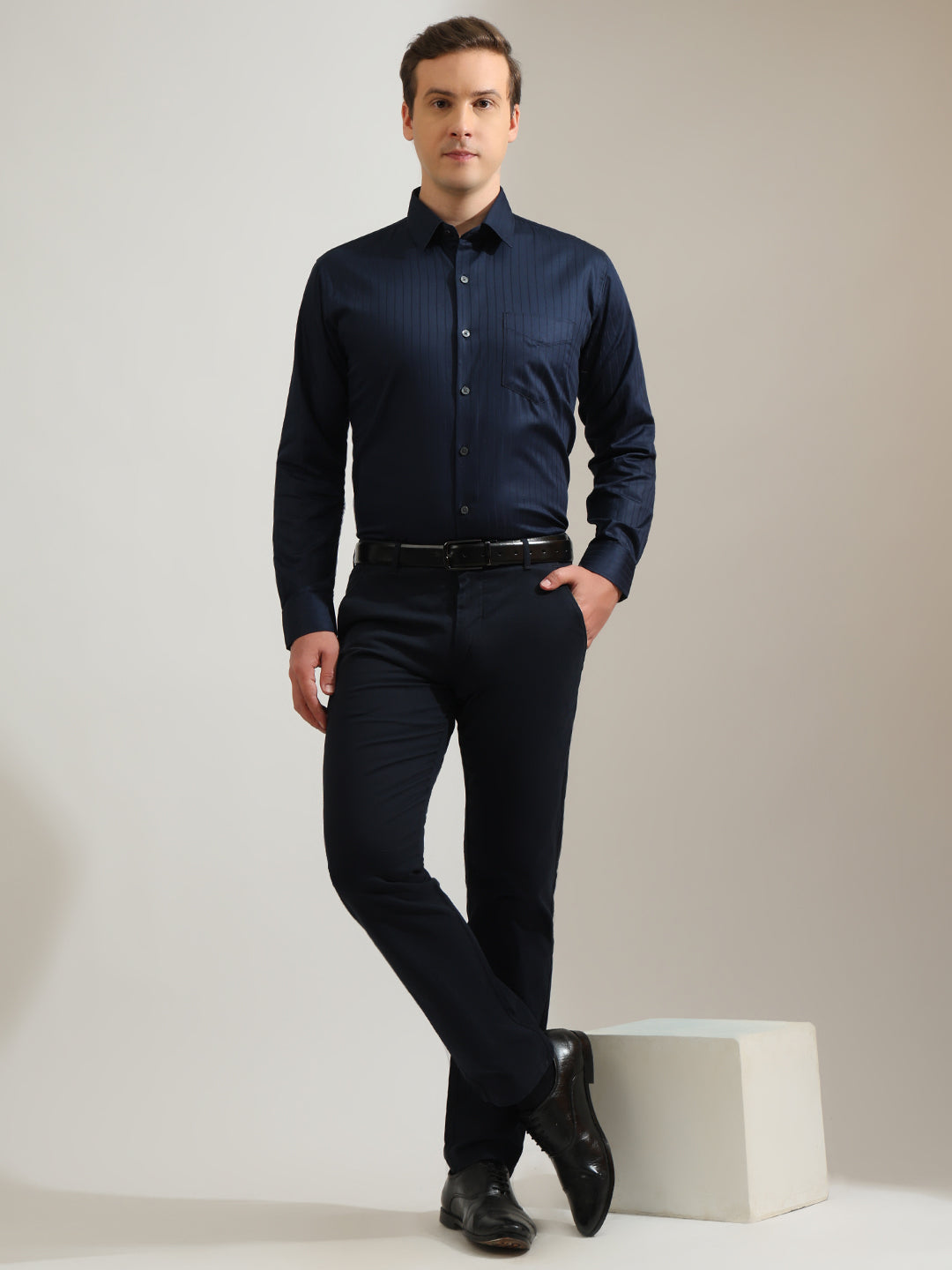 Hancock   Men   Navy Blue   Stripes   Pure Cotton   Slim Fit   Formal   Shirt