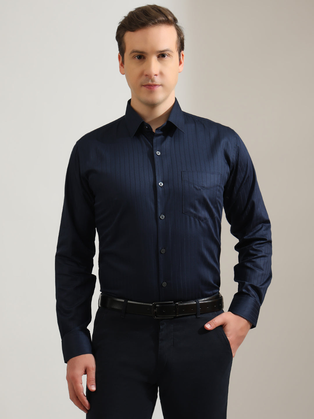 Hancock   Men   Navy Blue   Stripes   Pure Cotton   Slim Fit   Formal   Shirt