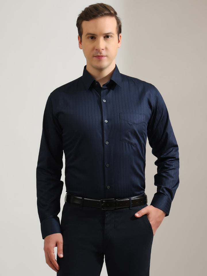 Hancock   Men   Navy Blue   Stripes   Pure Cotton   Slim Fit   Formal   Shirt