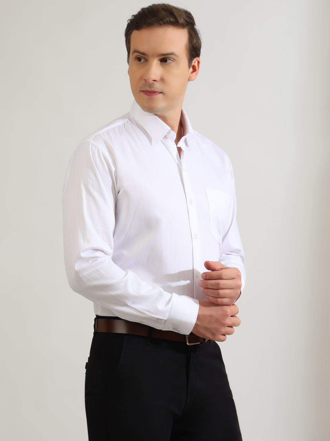 Hancock   Men   White   Stripes   Pure Cotton   Slim Fit   Party   Shirt