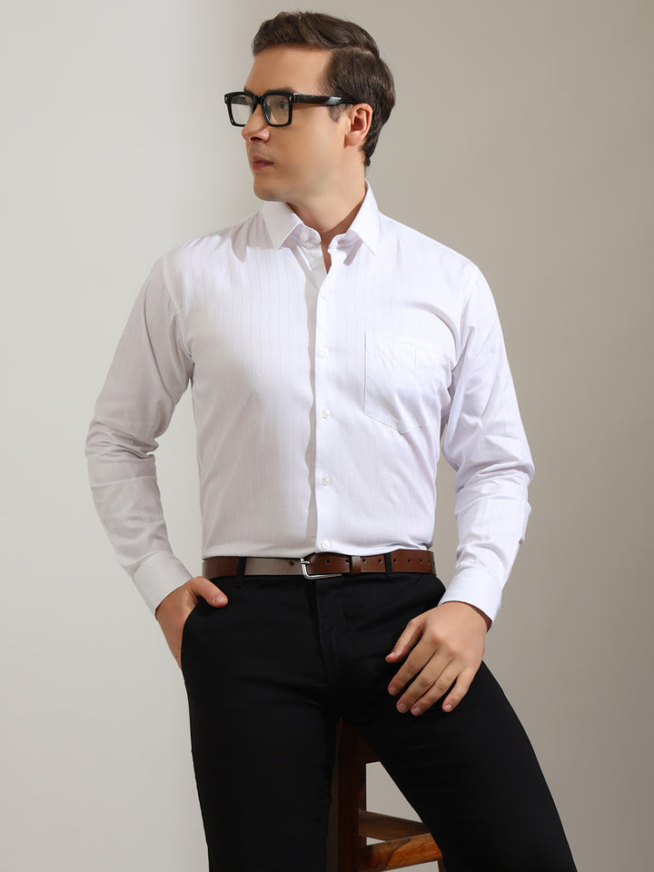 Hancock   Men   White   Stripes   Pure Cotton   Slim Fit   Party   Shirt