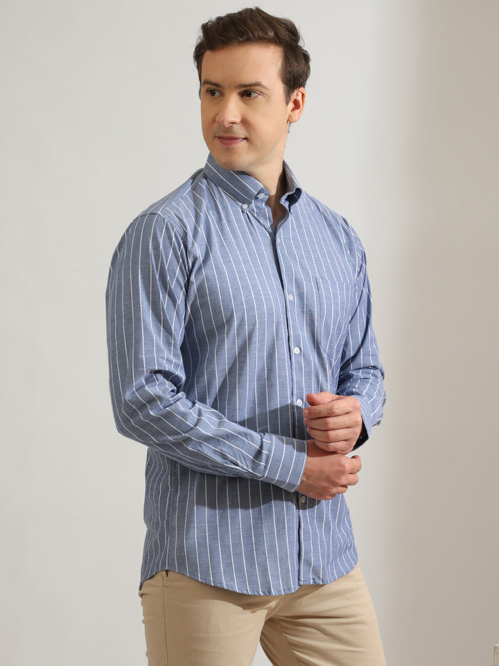Hancock   Men   Blue & White   Stripes   Cotton Elastane   Slim Fit   Formal   Shirt