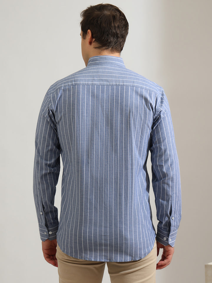 Hancock   Men   Blue & White   Stripes   Cotton Elastane   Slim Fit   Formal   Shirt