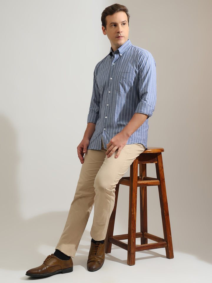 Hancock   Men   Blue & White   Stripes   Cotton Elastane   Slim Fit   Formal   Shirt