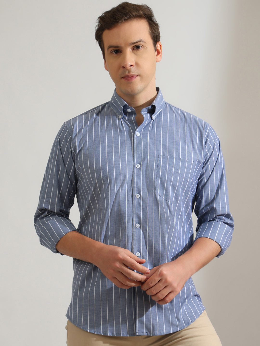 Hancock   Men   Blue & White   Stripes   Cotton Elastane   Slim Fit   Formal   Shirt