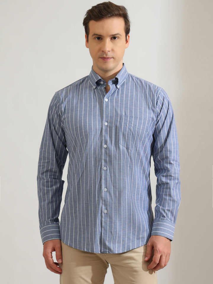 Hancock   Men   Blue & White   Stripes   Cotton Elastane   Slim Fit   Formal   Shirt