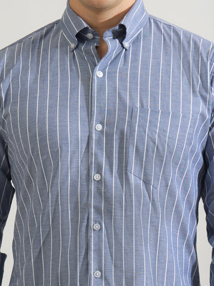 Hancock   Men   Blue & White   Stripes   Cotton Elastane   Slim Fit   Formal   Shirt