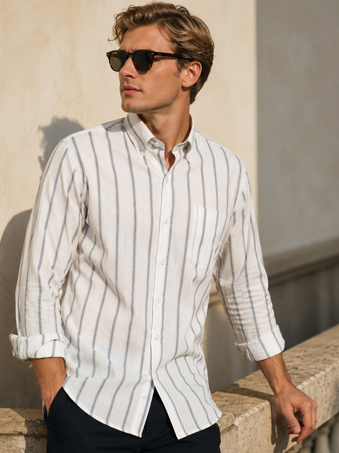 Hancock   Men   White   Stripes   Pure Cotton   Slim Fit   Formal   Shirt