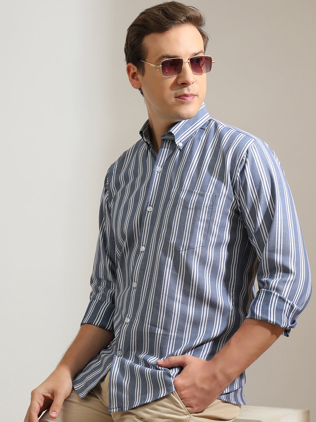 Hancock   Men   Blue & White   Stripes   Pure Cotton   Slim Fit   Formal   Shirt