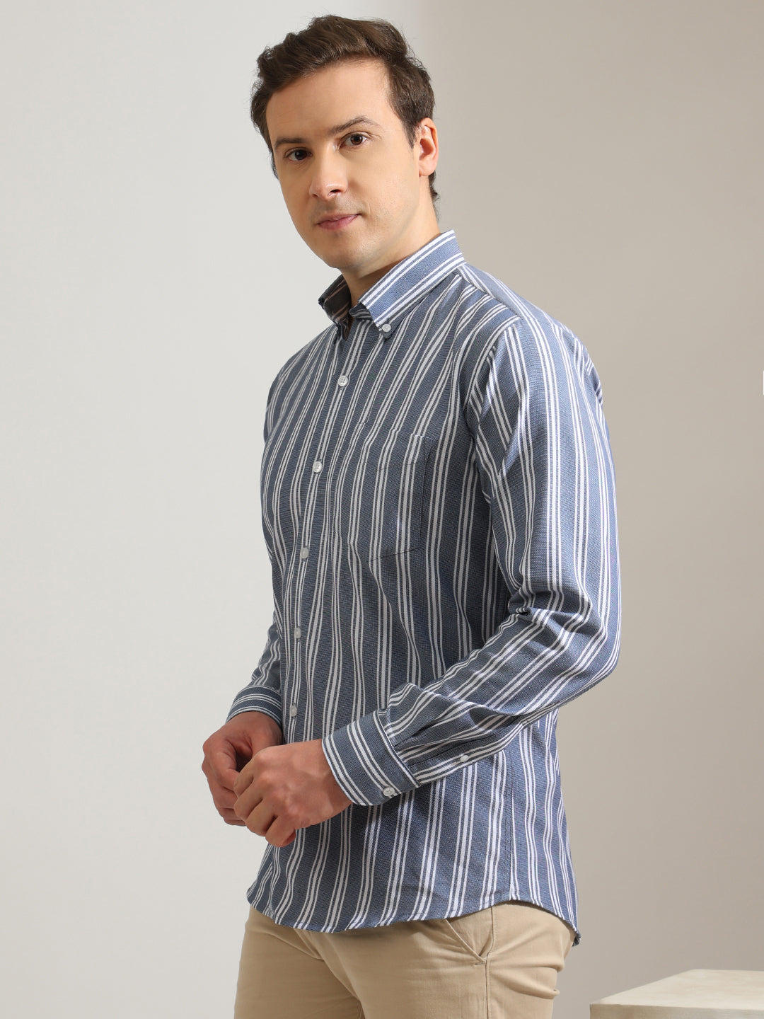 Hancock   Men   Blue & White   Stripes   Pure Cotton   Slim Fit   Formal   Shirt