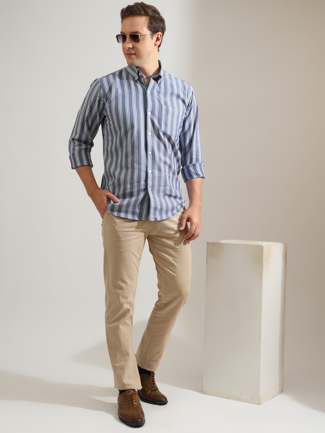 Hancock   Men   Blue & White   Stripes   Pure Cotton   Slim Fit   Formal   Shirt