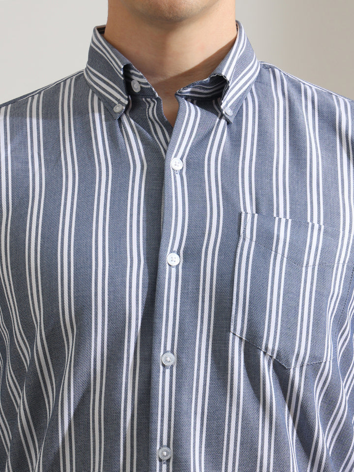 Hancock   Men   Blue & White   Stripes   Pure Cotton   Slim Fit   Formal   Shirt