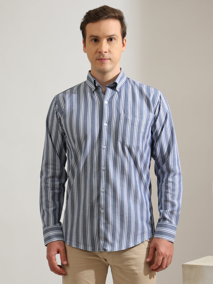 Hancock   Men   Blue & White   Stripes   Pure Cotton   Slim Fit   Formal   Shirt