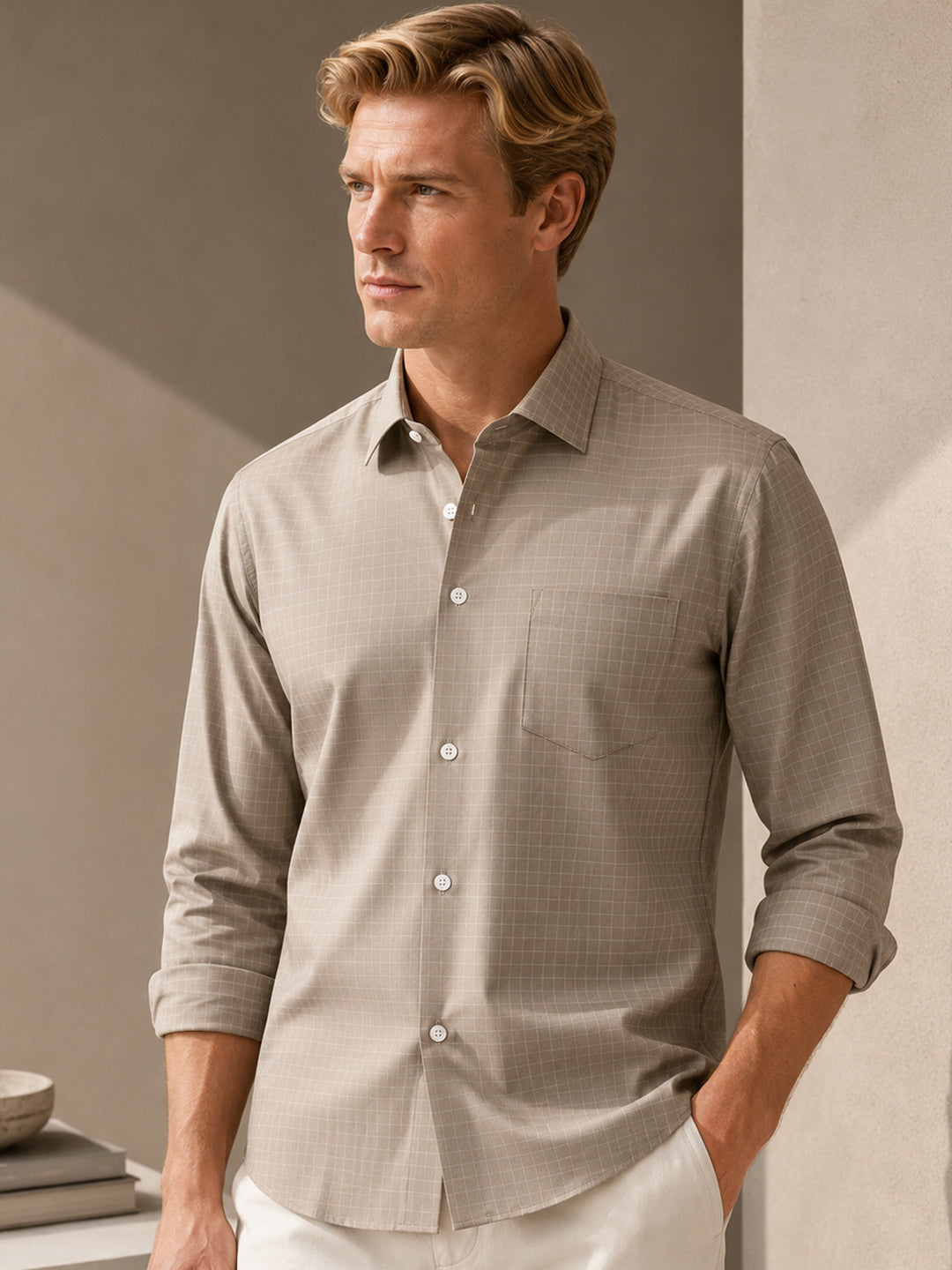 Hancock   Men   Taupe Grey   Checks   Cotton Elastane   Slim Fit   Formal   Shirt