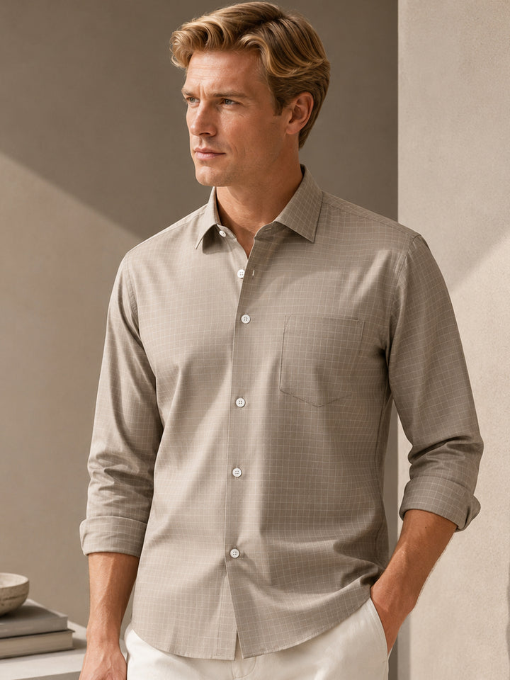 Hancock   Men   Taupe Grey   Checks   Cotton Elastane   Slim Fit   Formal   Shirt