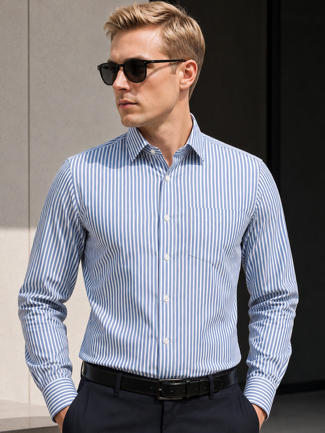 Hancock   Men   White & Blue   Stripes   Pure Cotton   Slim Fit   Formal   Shirt