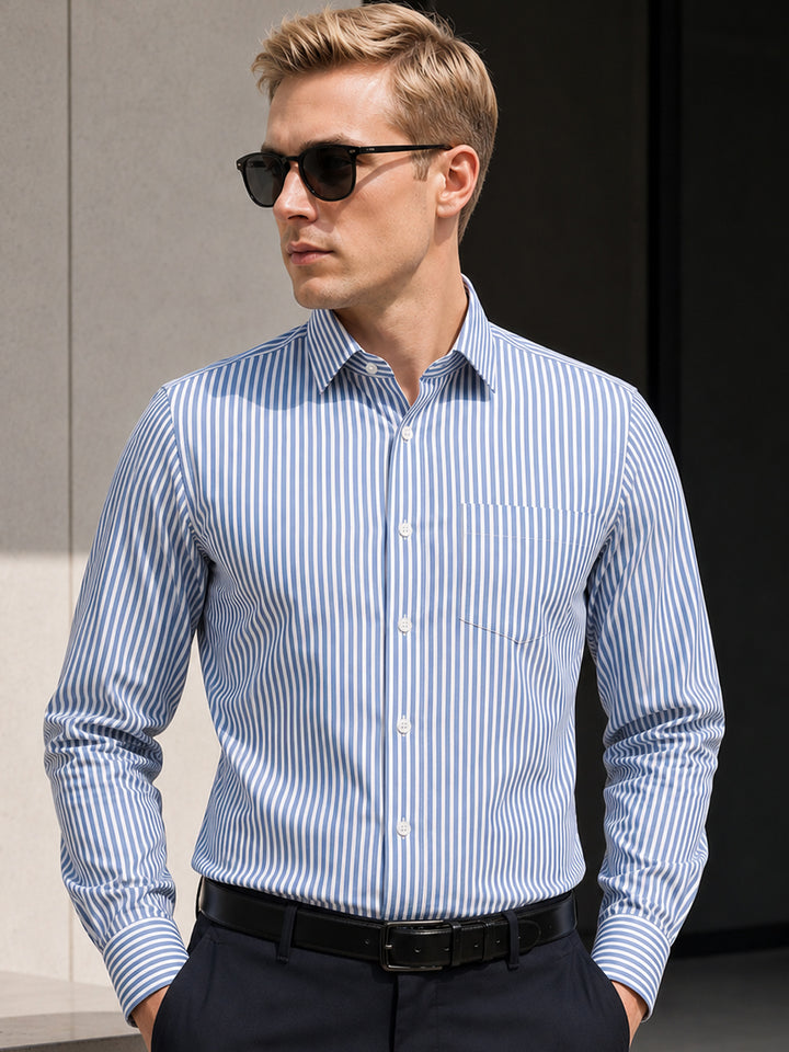 Hancock   Men   White & Blue   Stripes   Pure Cotton   Slim Fit   Formal   Shirt