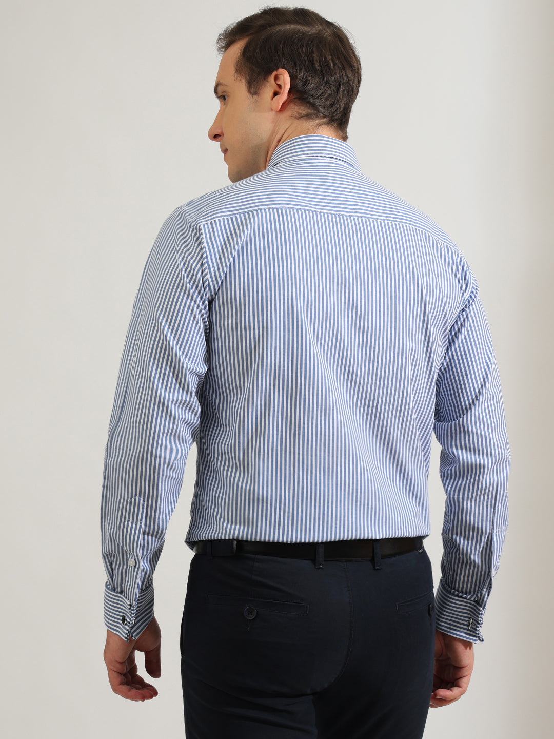 Hancock   Men   White & Blue   Stripes   Pure Cotton   Slim Fit   Formal   Shirt