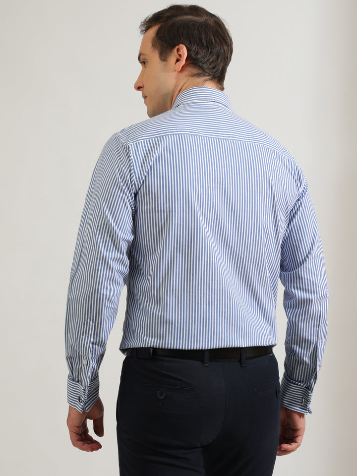 Hancock   Men   White & Blue   Stripes   Pure Cotton   Slim Fit   Formal   Shirt