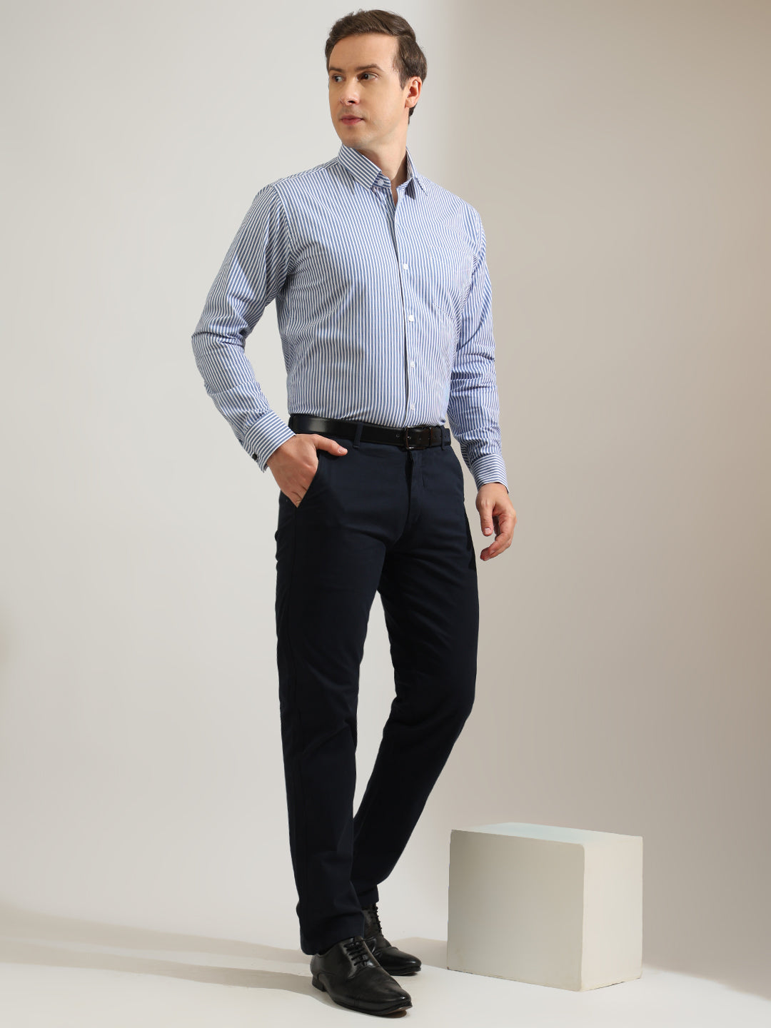 Hancock   Men   White & Blue   Stripes   Pure Cotton   Slim Fit   Formal   Shirt